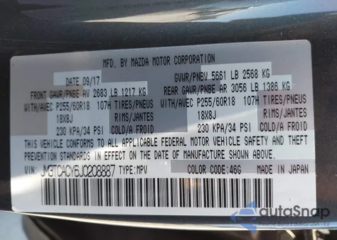 2018 Mazda Cx-9 Touring from USA, damaged, VIN JM3TCACY6J0208887